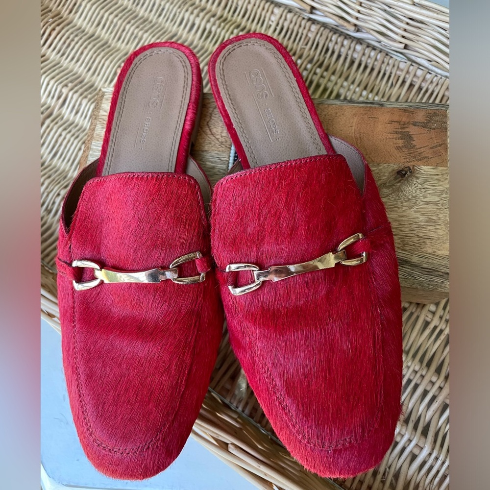 ASOS brand red calf hair mules